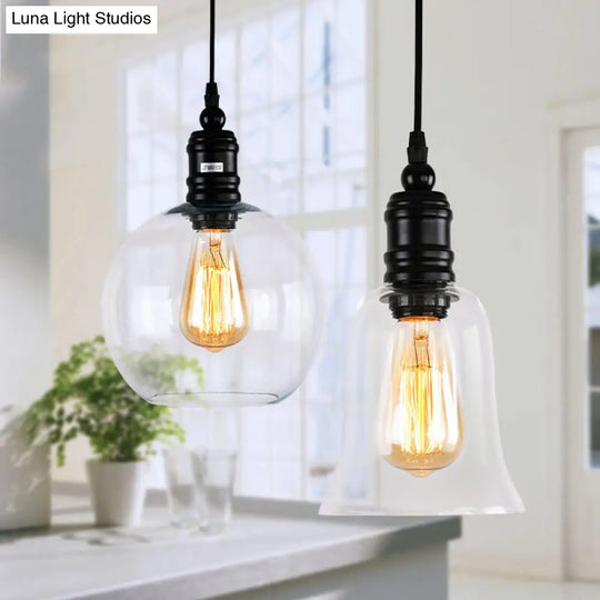 Industrial Hanging Light Fixture For Kitchen - Clear Glass Shade Black Pendant Globe/Bell 1-Light