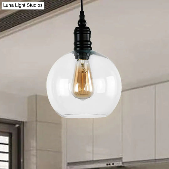 Industrial Hanging Light Fixture For Kitchen - Clear Glass Shade Black Pendant Globe/Bell 1-Light