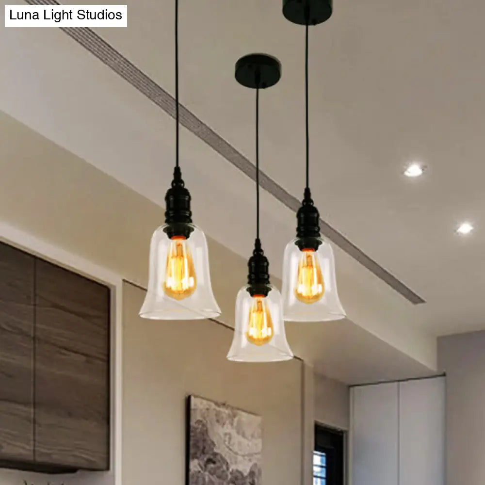 Industrial Hanging Light Fixture For Kitchen - Clear Glass Shade Black Pendant Globe/Bell 1-Light /