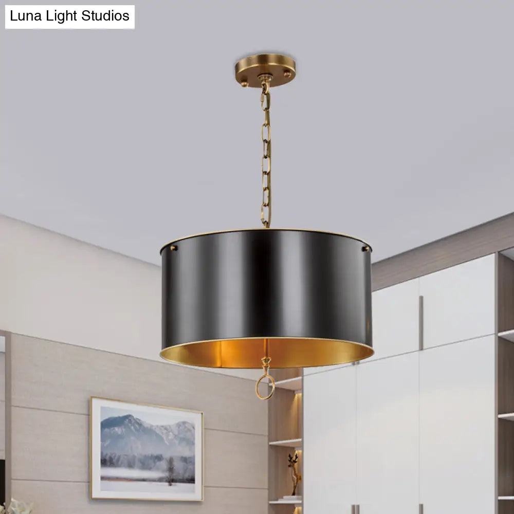 Black Pendant Light Kit With Metallic Drum Shade For Living Room - Traditional Hanging Lamp