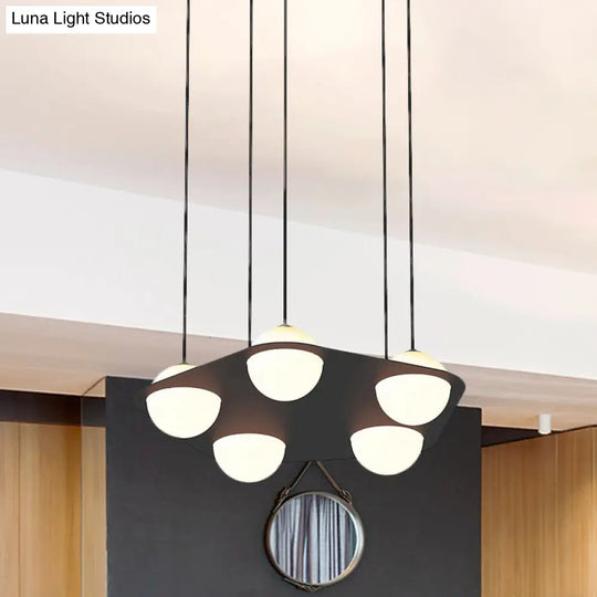 Black Pentagon Pendant Ceiling Light With Opal Glass Shades - Minimalist 5-Head Metal Suspension