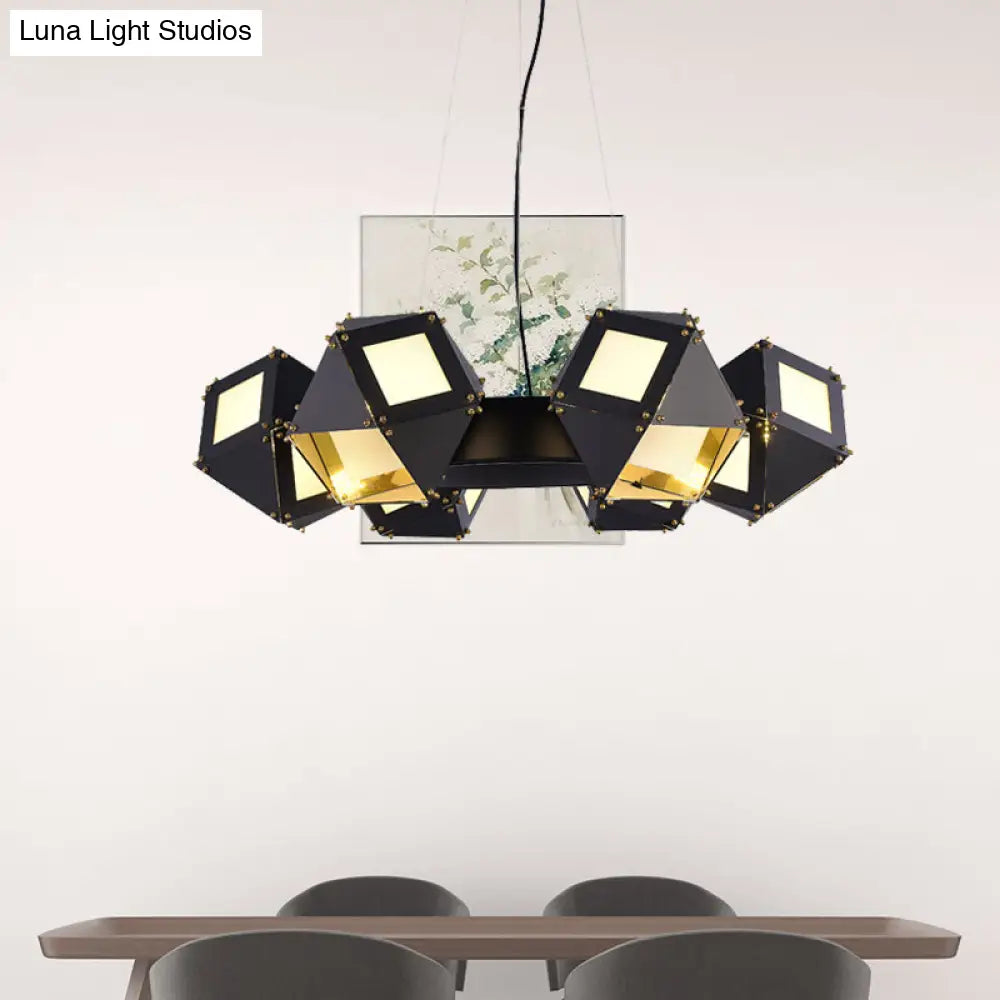 Black Polyhedron Hanging Chandelier - Modern 6-Light Metallic Ceiling Lamp For Restaurants