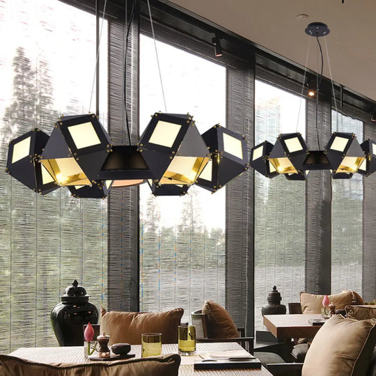 Black Polyhedron Hanging Chandelier - Modern 6-Light Metallic Ceiling Lamp For Restaurants