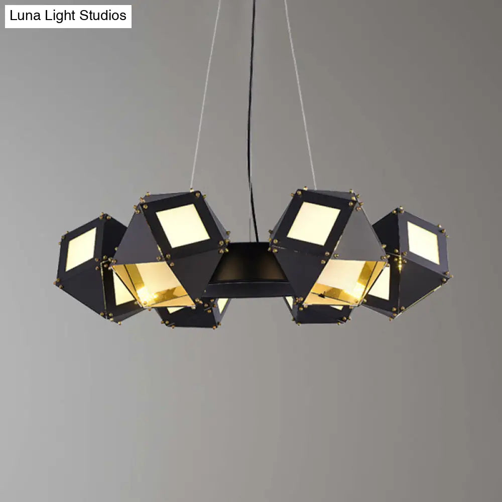 Black Polyhedron Hanging Chandelier - Modern 6-Light Metallic Ceiling Lamp For Restaurants