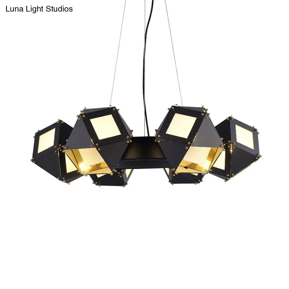 Black Polyhedron Hanging Chandelier - Modern 6-Light Metallic Ceiling Lamp For Restaurants