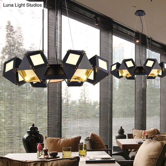 Modern Black Polyhedron Hanging Chandelier - 6-Light Metallic Ceiling Lamp For Restaurants