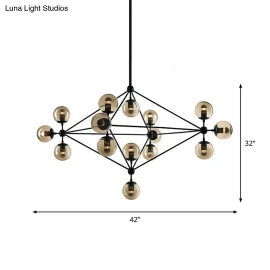 Black Pyramid Frame Chandelier - Loft Style Metal Pendant Light With Tan Glass Shade (10/15-Light)