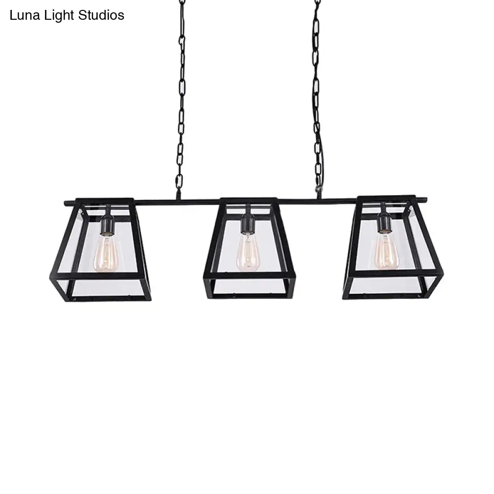 Black Pyramid Island Light: Industrial Metal 3-Bulb Hanging Lamp With Glass Panel - Kitchen Fixture