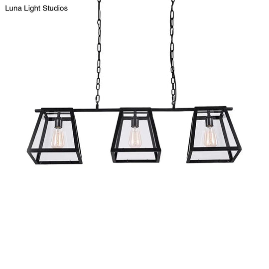 Black Pyramid Island Light: Industrial Metal 3-Bulb Hanging Lamp With Glass Panel - Kitchen Fixture