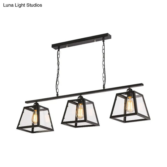 Black Pyramid Island Light: Industrial Metal 3-Bulb Hanging Lamp With Glass Panel - Kitchen Fixture