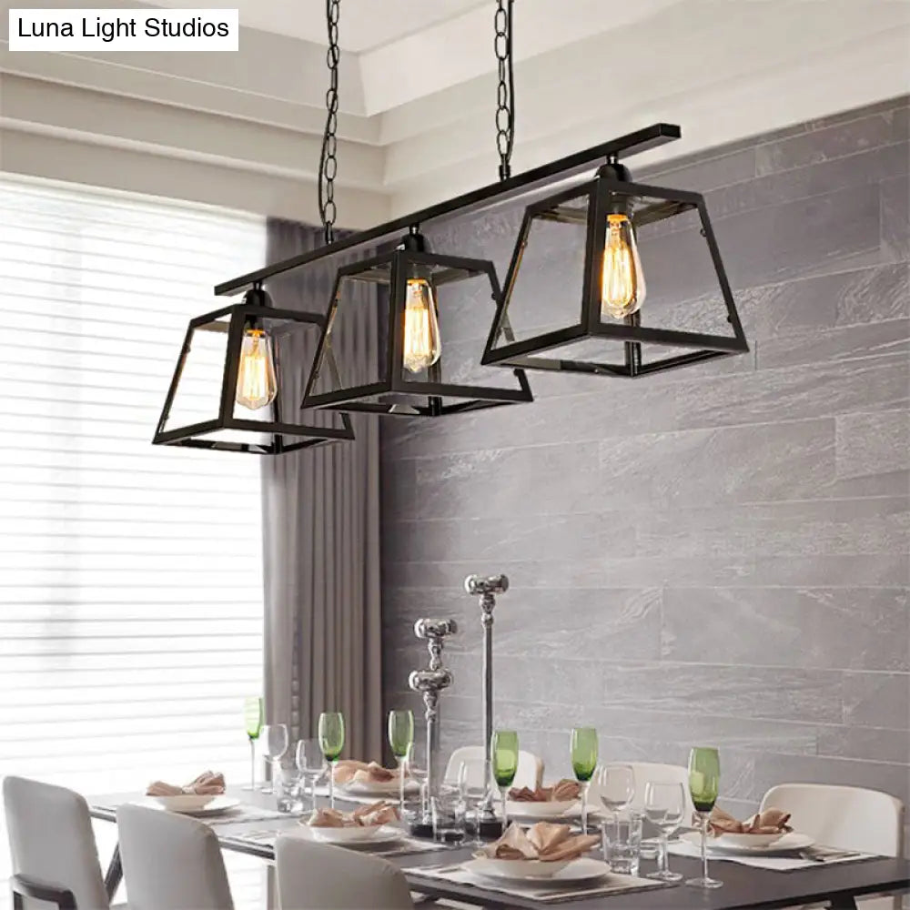 Black Pyramid Island Light: Industrial Metal 3-Bulb Hanging Lamp With Glass Panel - Kitchen Fixture