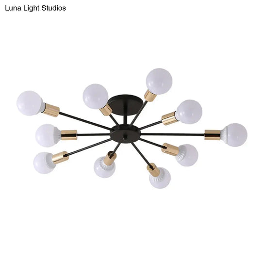 Black Radial Metal Flush Mount Ceiling Light With 10 Industrial - Style Heads - Ideal For Bedroom