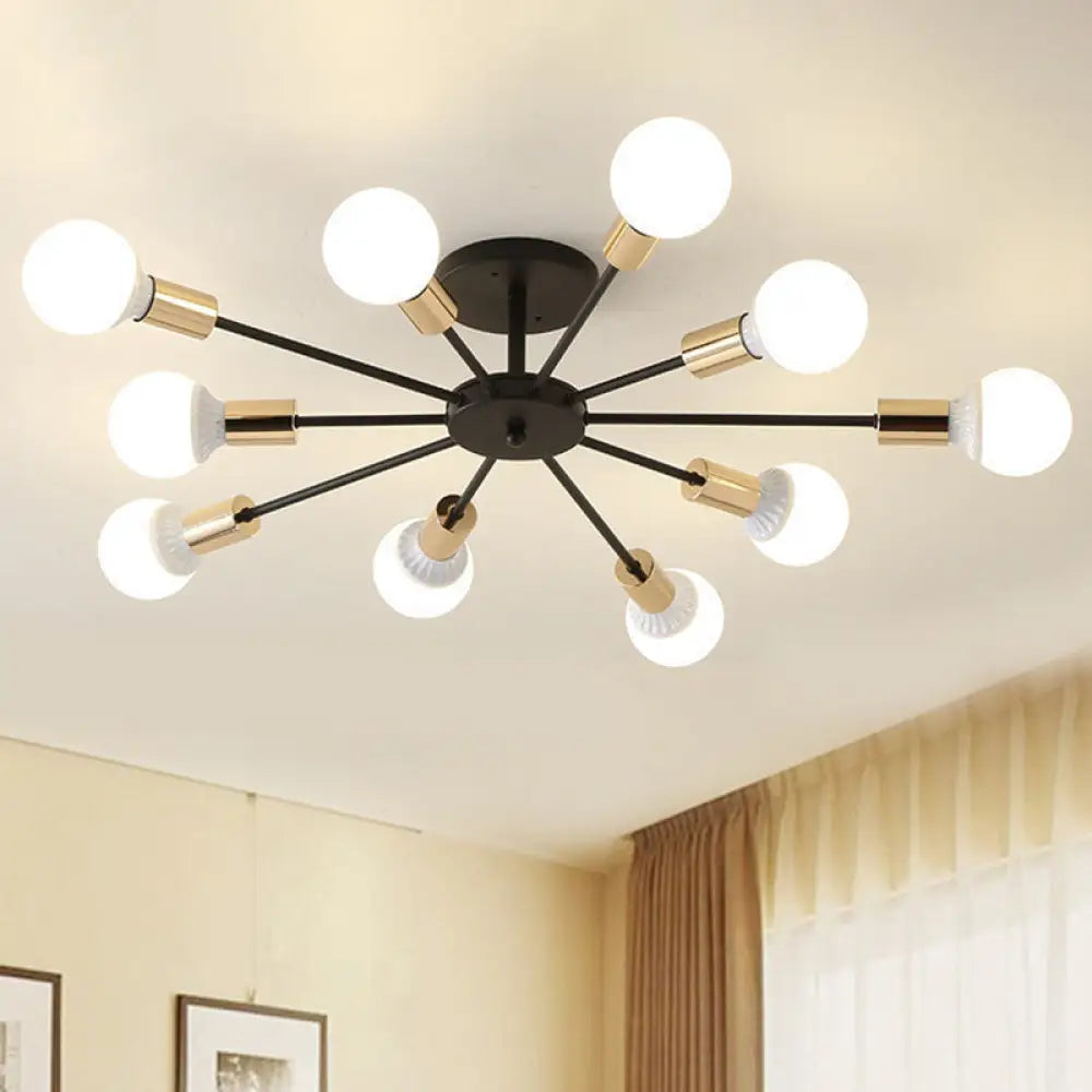 Black Radial Metal Flush Mount Ceiling Light With 10 Industrial - Style Heads - Ideal For Bedroom