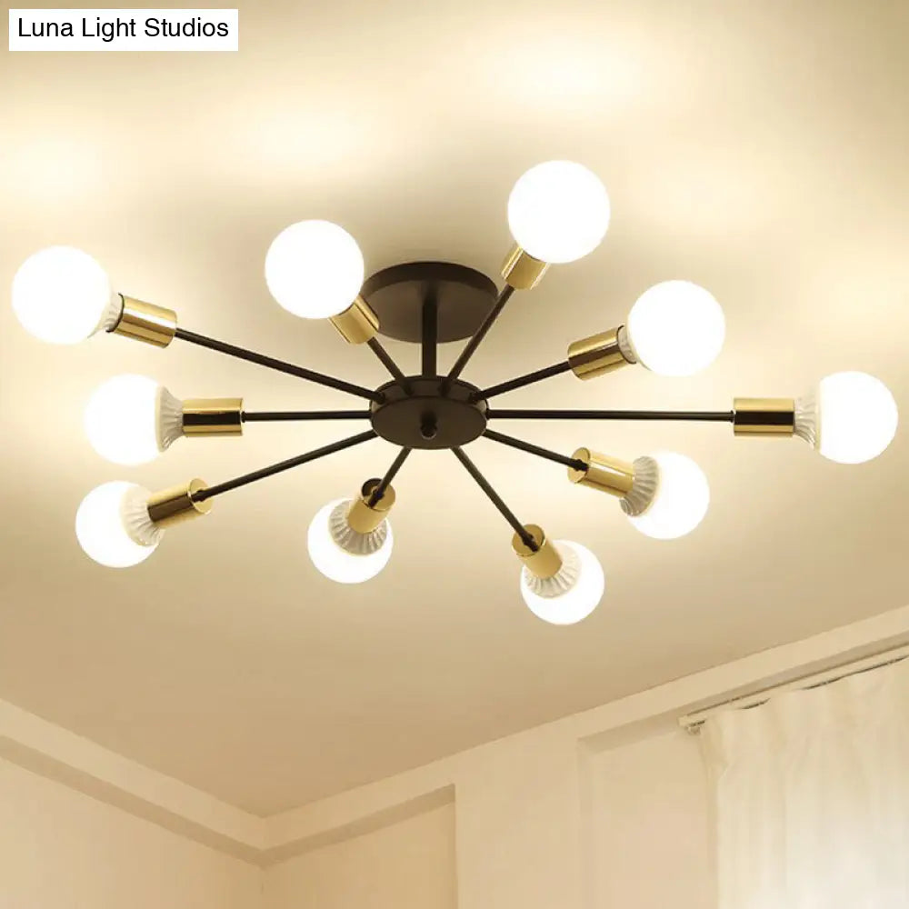 Black Radial Metal Flush Mount Ceiling Light With 10 Industrial - Style Heads - Ideal For Bedroom