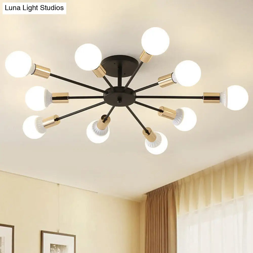 Black Radial Metal Flush Mount Ceiling Light With 10 Industrial-Style Heads - Ideal For Bedroom