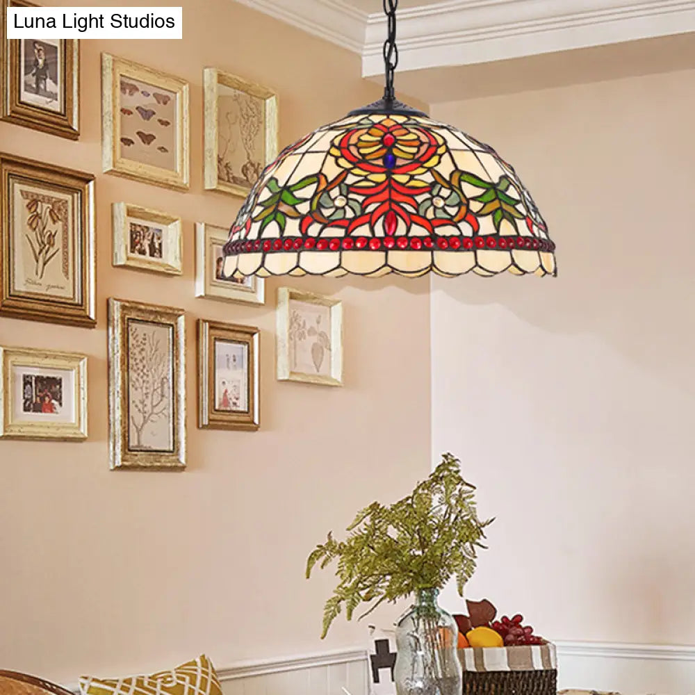Black/Red Domed Tiffany Ceiling Pendant Light With Cut Glass Ideal For Kitchen