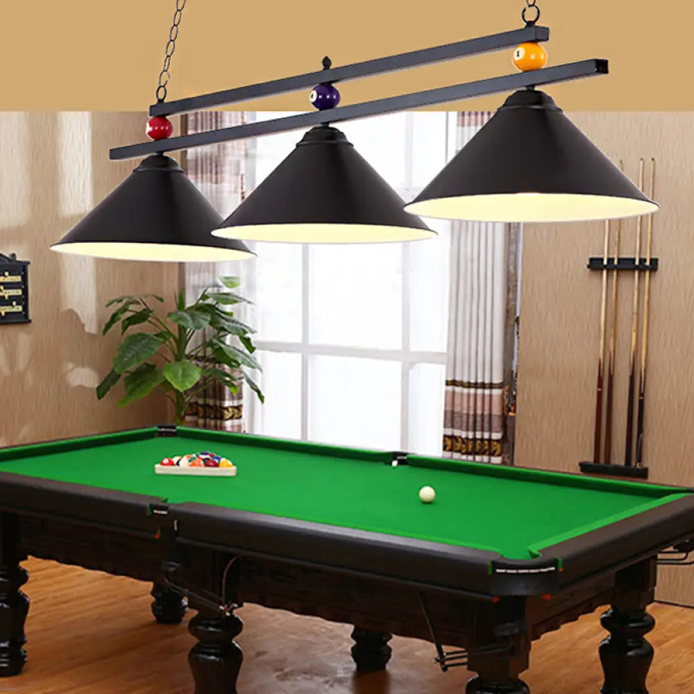 Black/Red Industrial Cone Shade Ceiling Pendant With 3 Metal Heads And Billiard Ball Deco Black