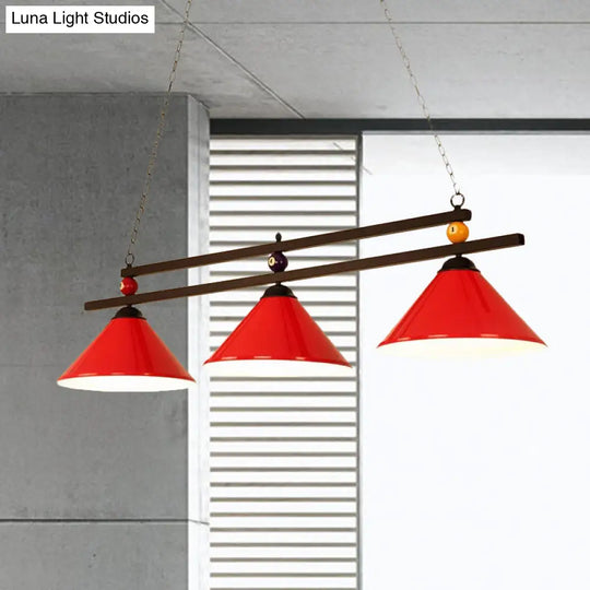 Black/Red Industrial Cone Shade Ceiling Pendant With 3 Metal Heads And Billiard Ball Deco