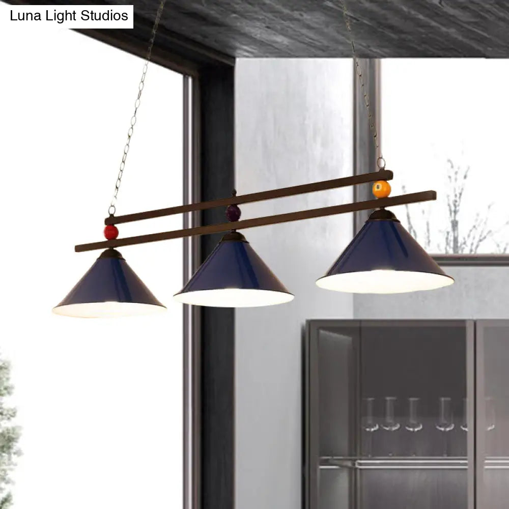 Black/Red Industrial Cone Shade Ceiling Pendant With 3 Metal Heads And Billiard Ball Deco