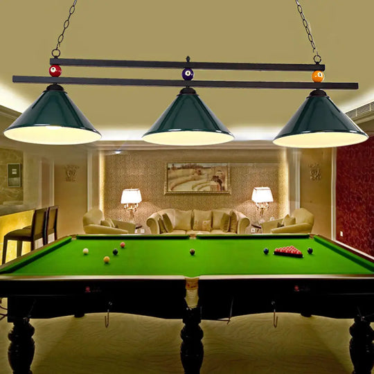 Black/Red Industrial Cone Shade Ceiling Pendant With 3 Metal Heads And Billiard Ball Deco Green