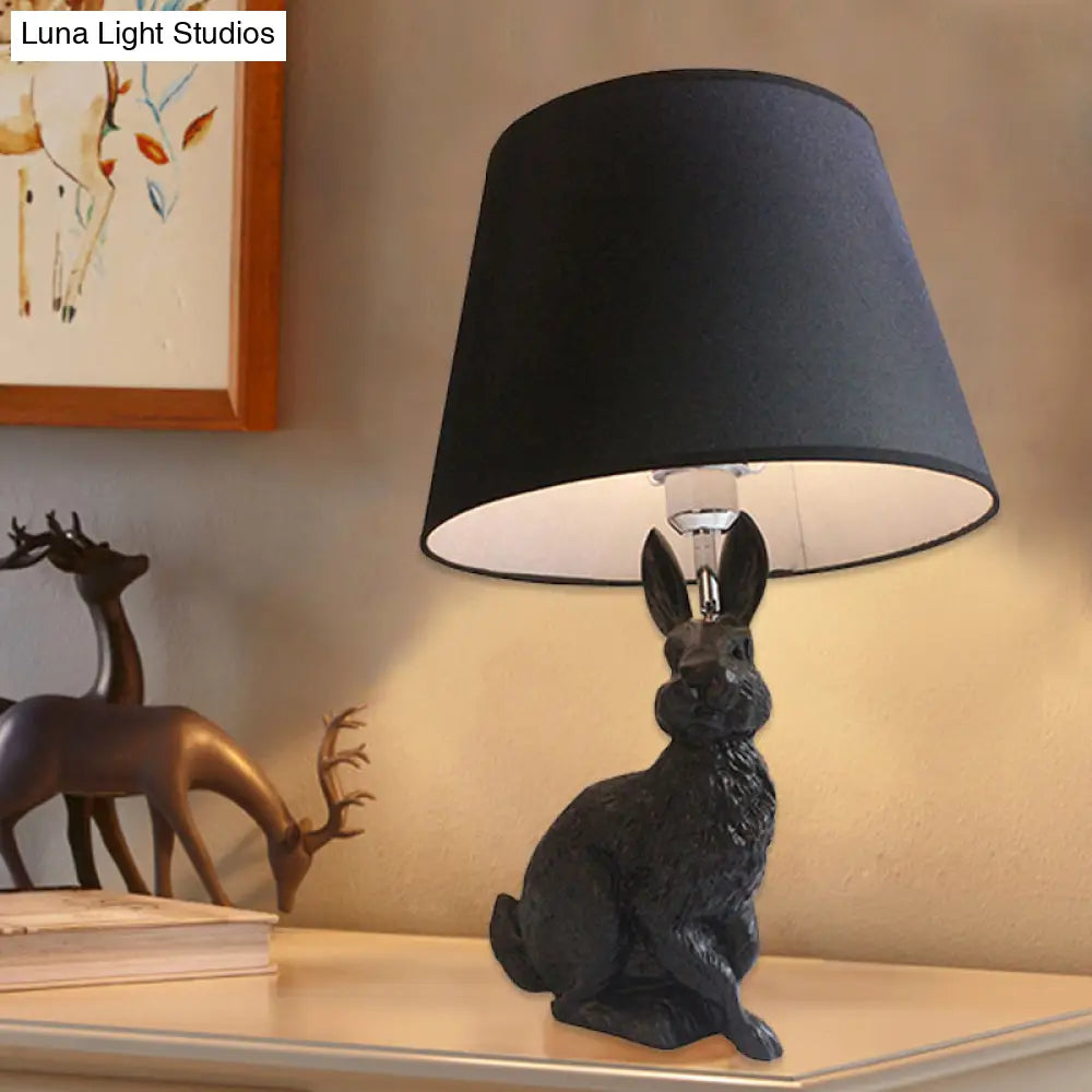 Black Resin Bunny Desk Lamp With Tapered Shade - Study Room Accent Lighting