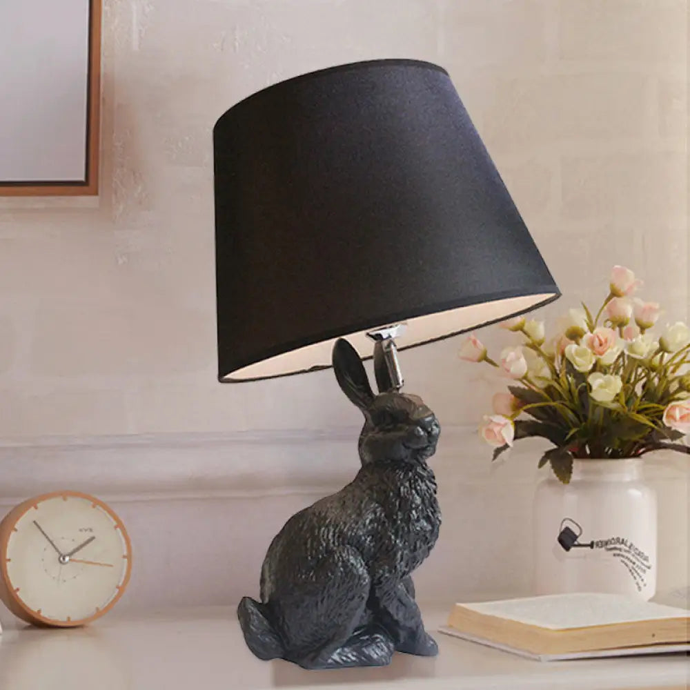 Black Resin Bunny Desk Lamp With Tapered Shade - Study Room Accent Lighting