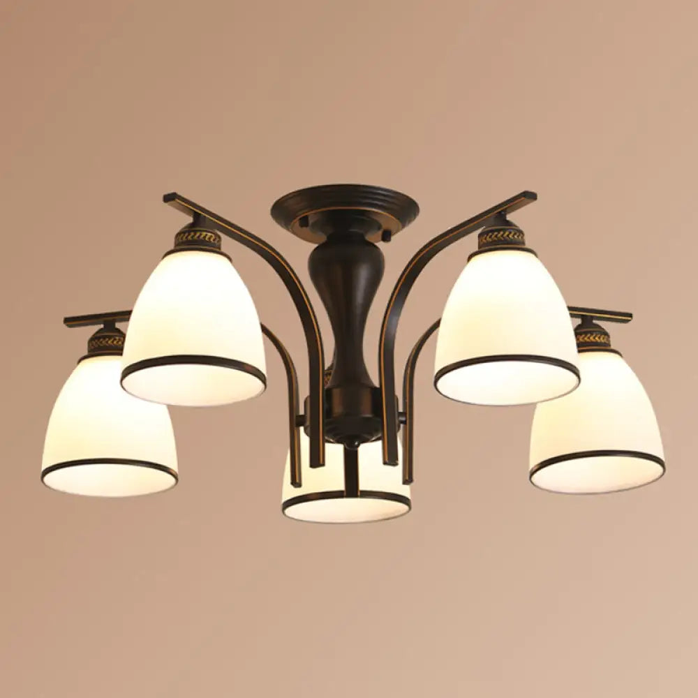 Black Retro Bell Flush Mount Light With Frosted Glass - Semi Chandelier For Living Room 5 /
