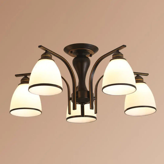 Black Retro Bell Flush Mount Light With Frosted Glass - Semi Chandelier For Living Room 5 /
