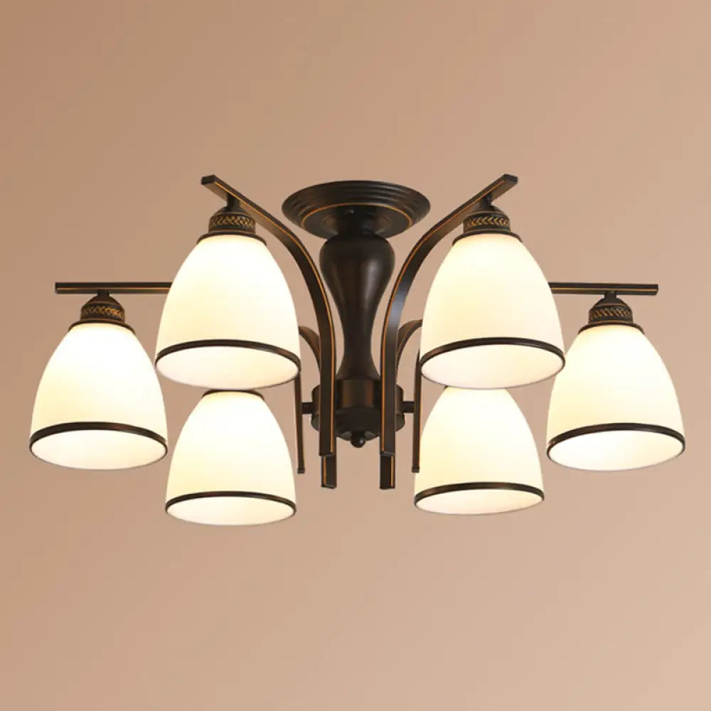 Black Retro Bell Flush Mount Light With Frosted Glass - Semi Chandelier For Living Room 6 /
