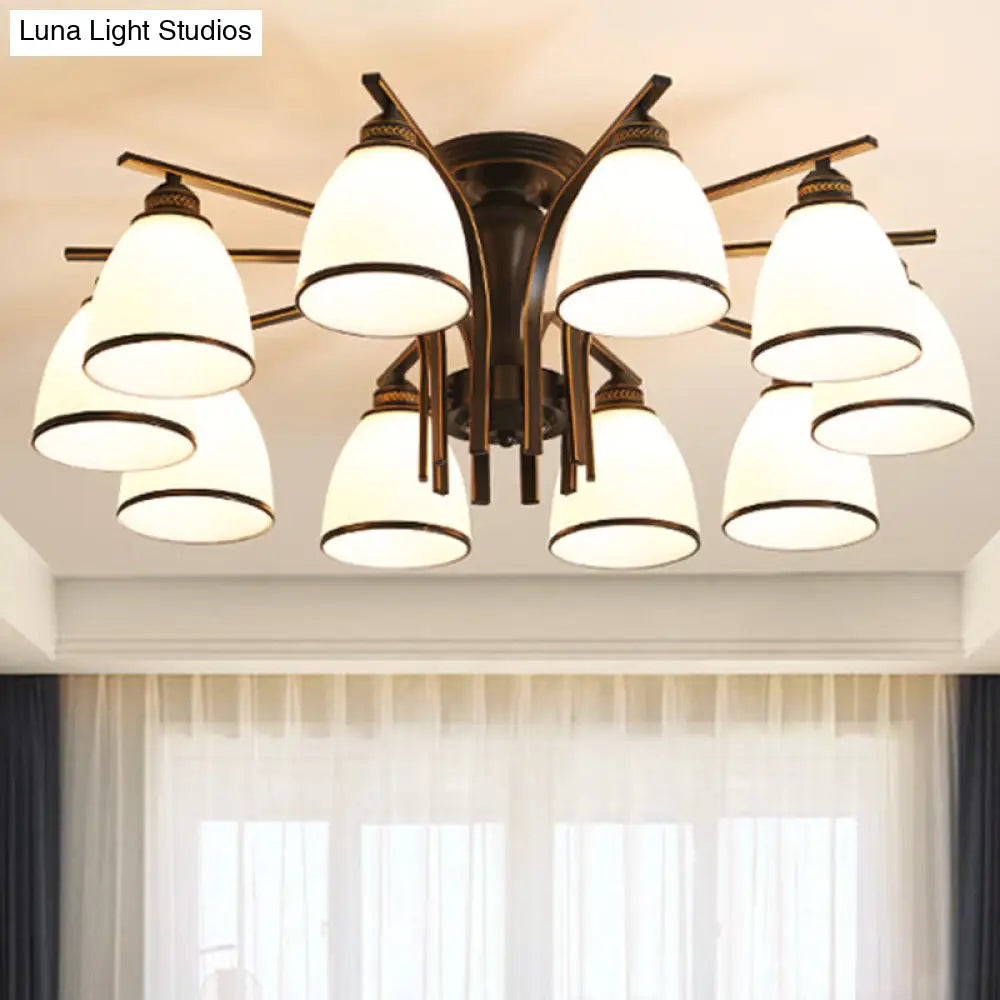 Black Retro Bell Flush Mount Light With Frosted Glass - Semi Chandelier For Living Room