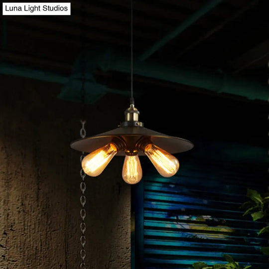 Retro Flared Chandelier: Metallic Pendant Light With 3 Bulbs Black Finish For Dining Room