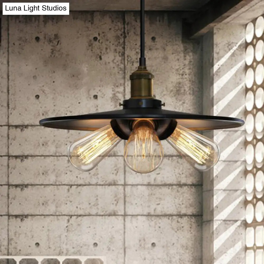 Retro Flared Chandelier: Metallic Pendant Light With 3 Bulbs Black Finish For Dining Room