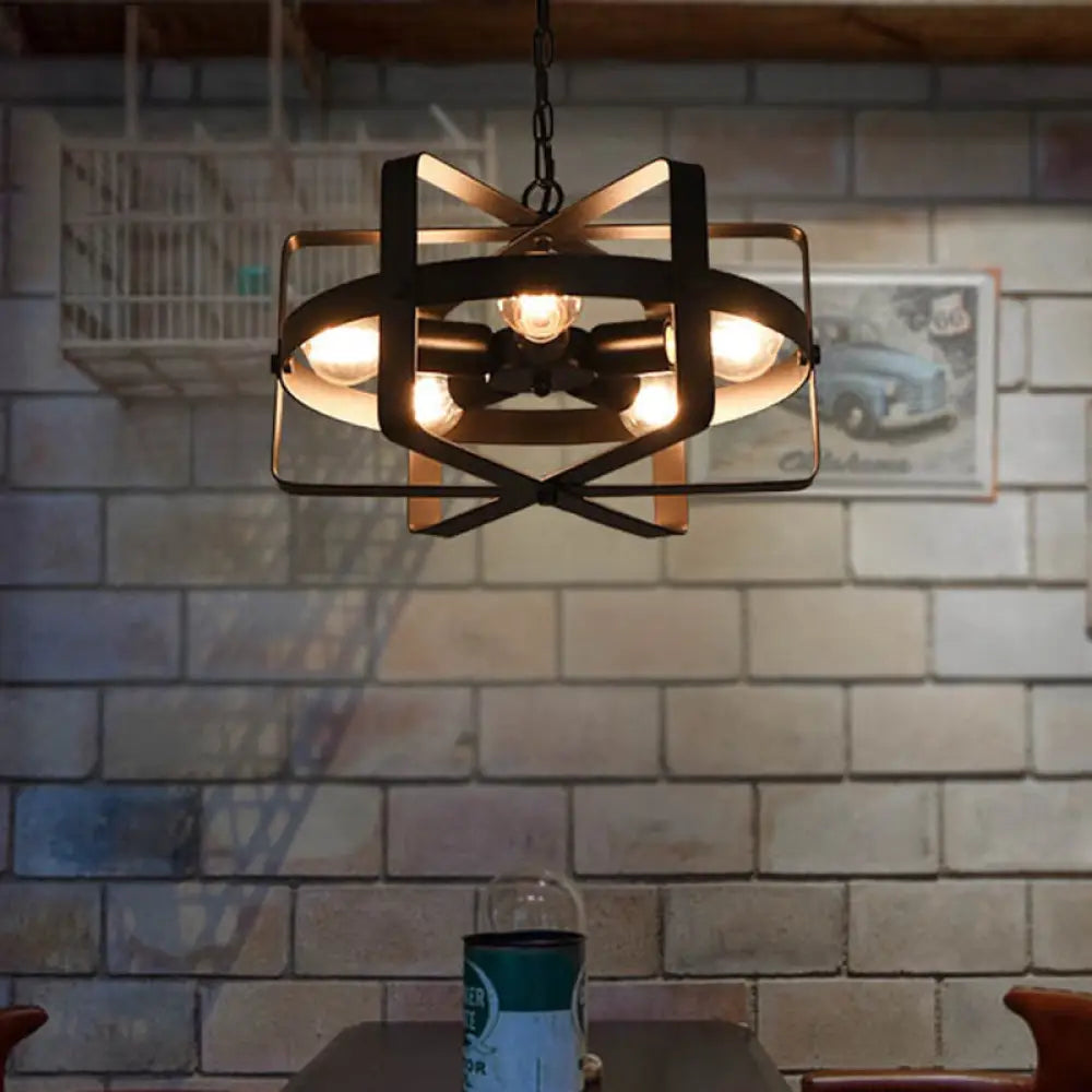 Black Retro Loft Caged Pendant Chandelier - 5-Light Iron Fixture For Dining Room