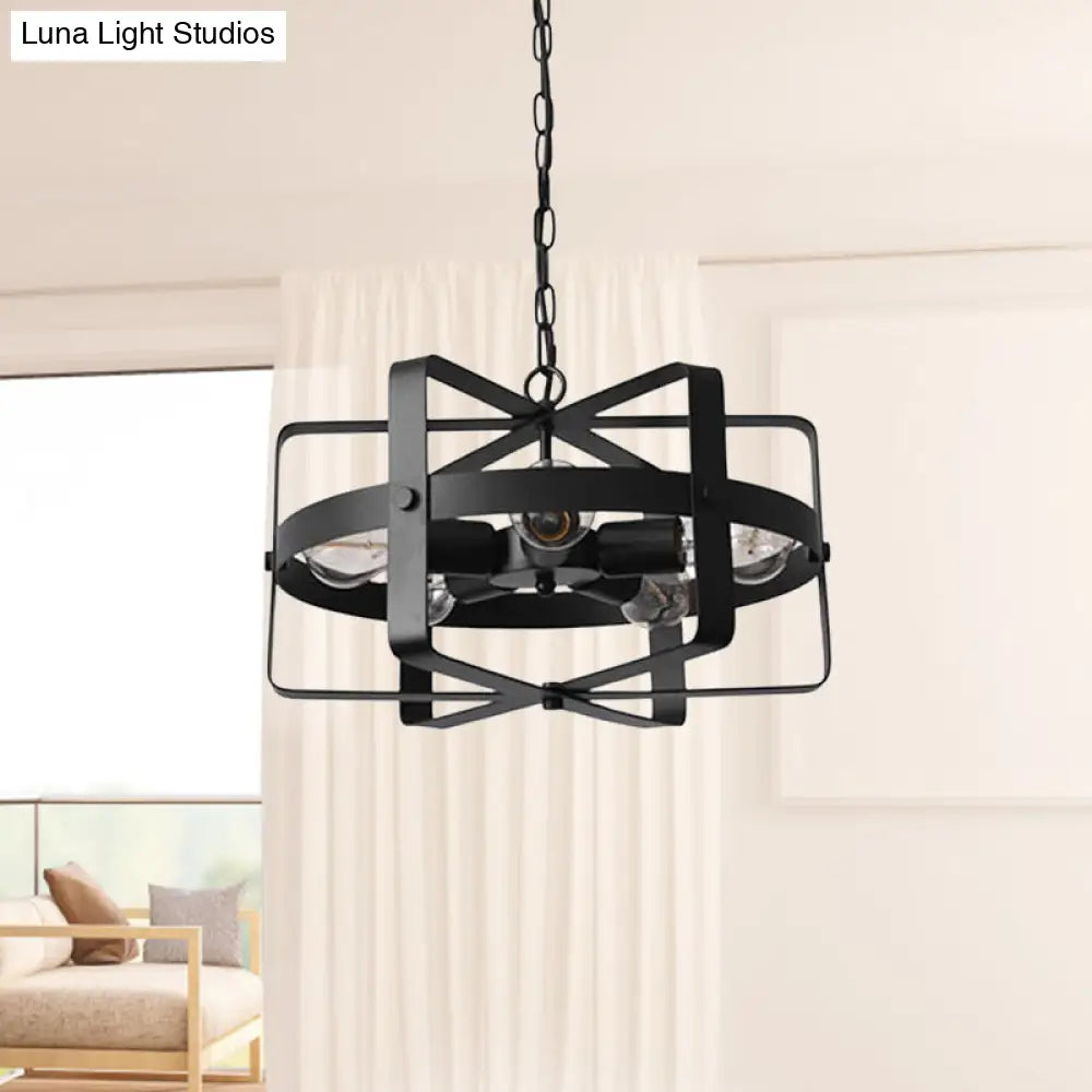 Black Retro Loft Caged Pendant Chandelier - 5-Light Iron Fixture For Dining Room