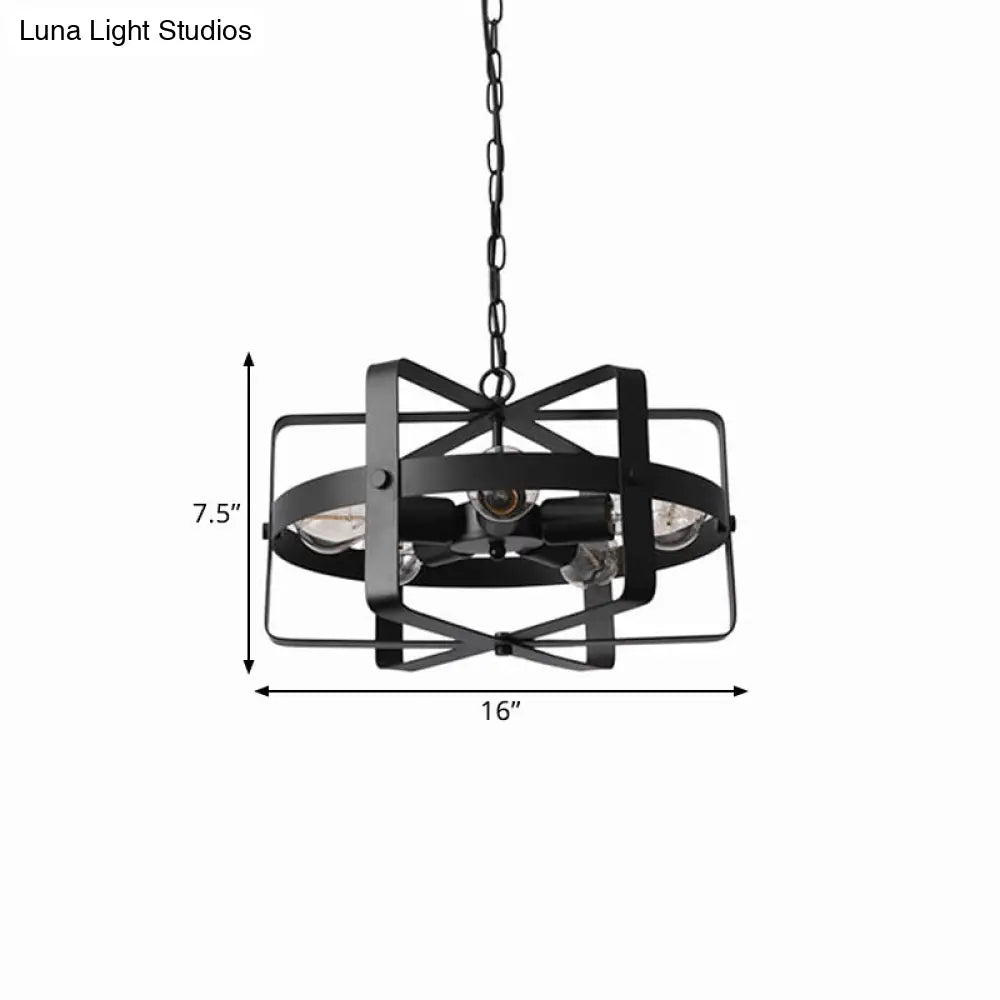 Black Retro Loft Caged Pendant Chandelier - 5-Light Iron Fixture For Dining Room