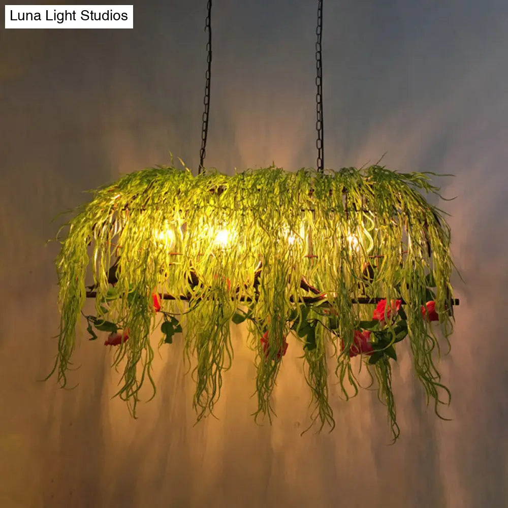 Black Retro Metal Bird Cage Island Ceiling Light With Plant - Ideal For Restaurants 4 Lights