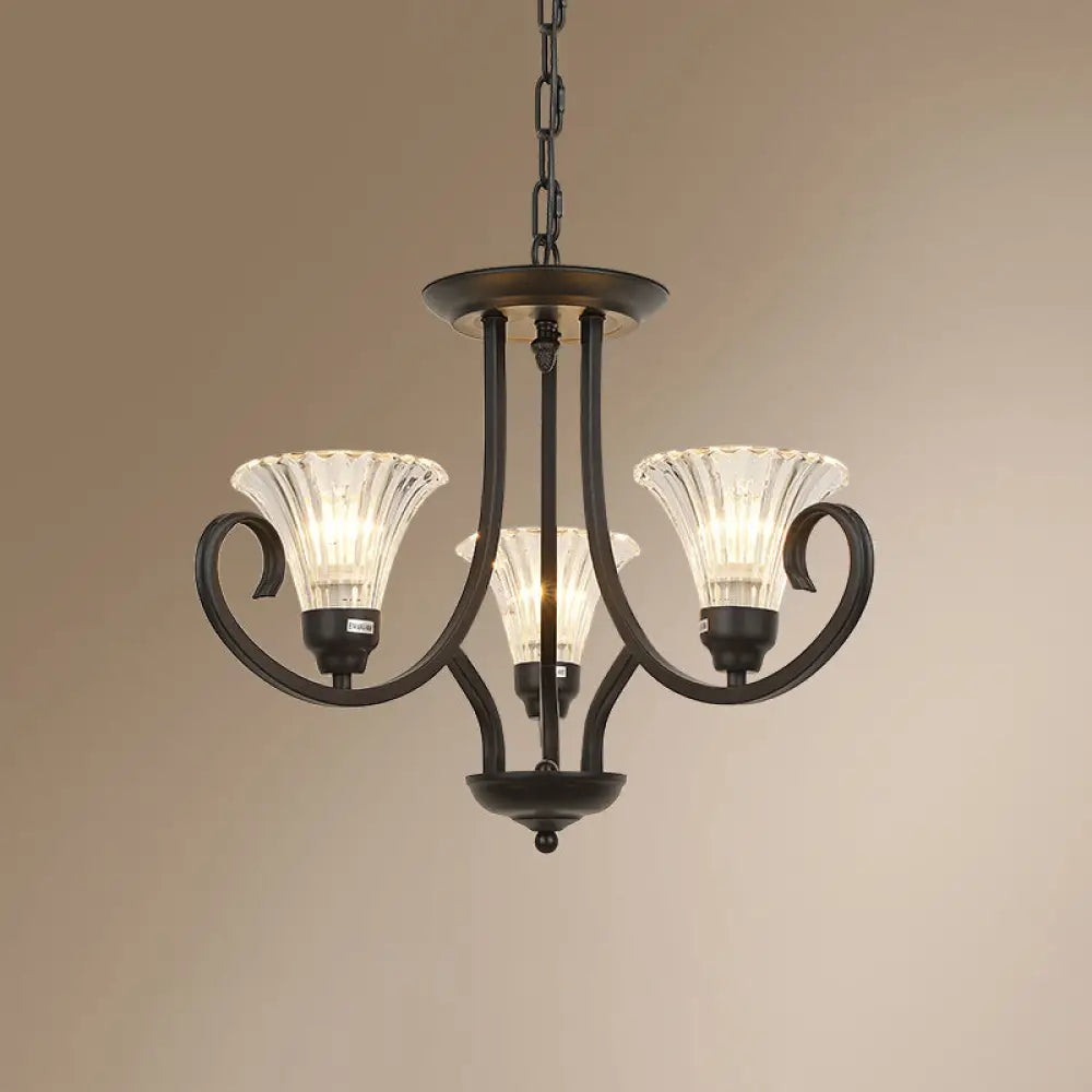 Black Retro Parlor Chandelier With Clear Ribbed Glass & Swirled Arm 3 /