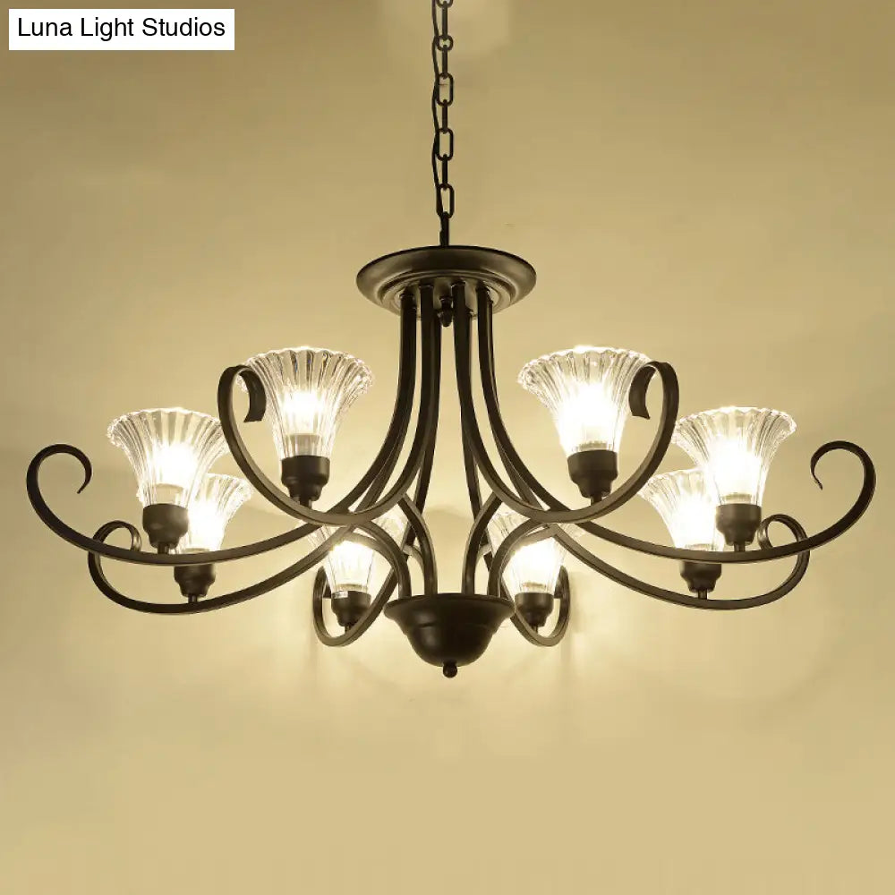 Black Retro Parlor Chandelier With Clear Ribbed Glass & Swirled Arm