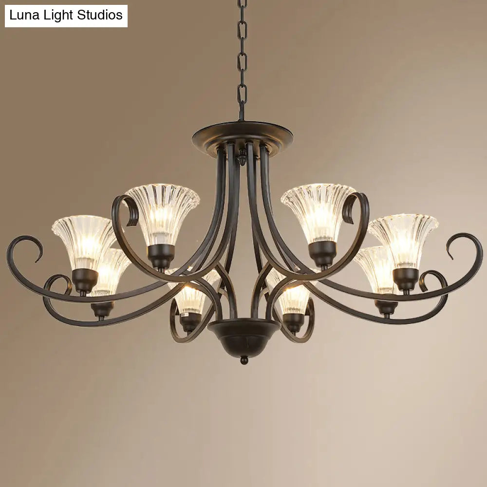 Black Retro Parlor Chandelier With Clear Ribbed Glass & Swirled Arm