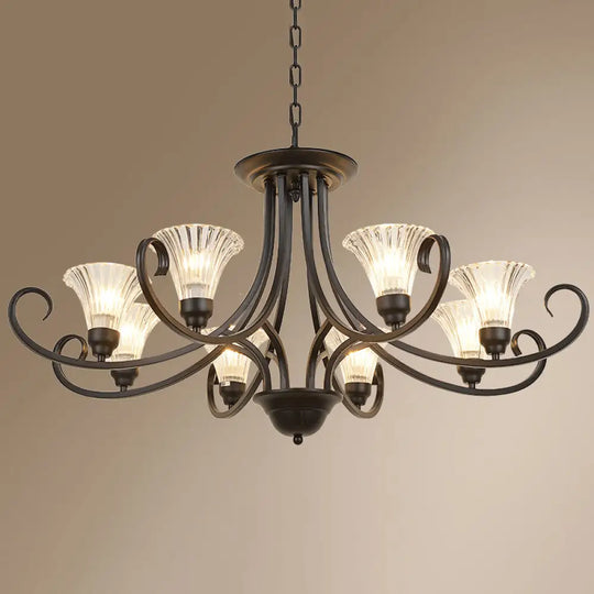 Black Retro Parlor Chandelier With Clear Ribbed Glass & Swirled Arm 8 /