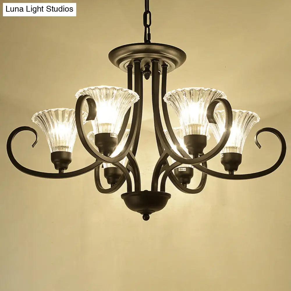 Black Retro Parlor Chandelier With Clear Ribbed Glass & Swirled Arm