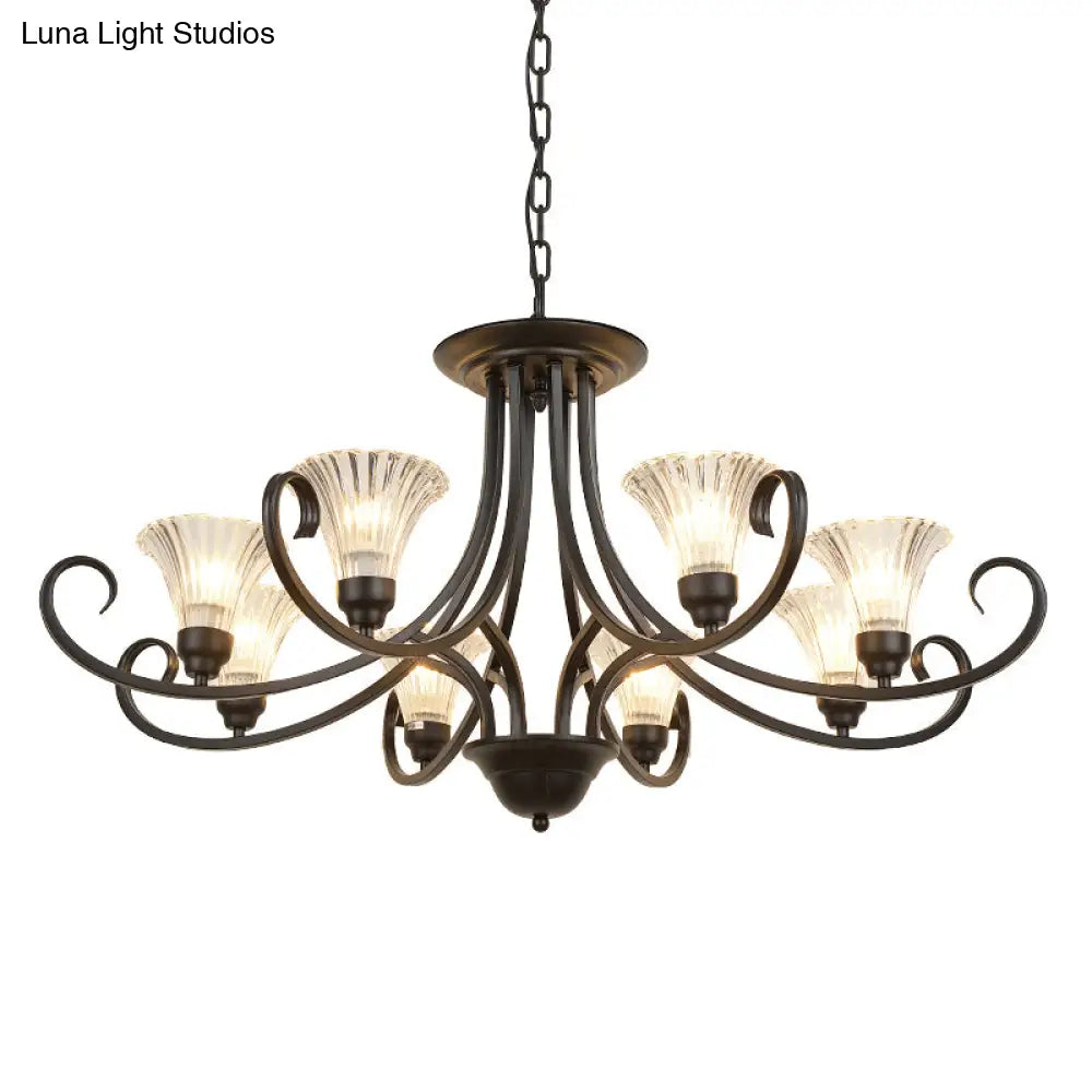 Black Retro Parlor Chandelier With Clear Ribbed Glass & Swirled Arm