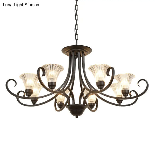 Black Retro Parlor Chandelier With Clear Ribbed Glass & Swirled Arm