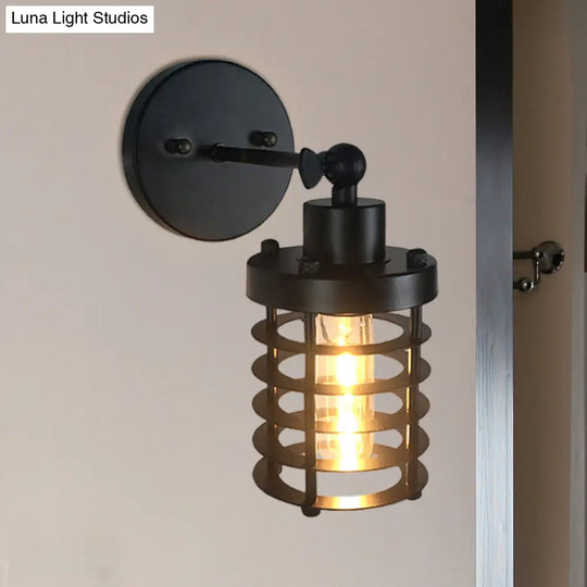 Black Retro Style Cylinder/Oval Caged Wall Mount Light - Metallic Mini Lighting With 1 Head