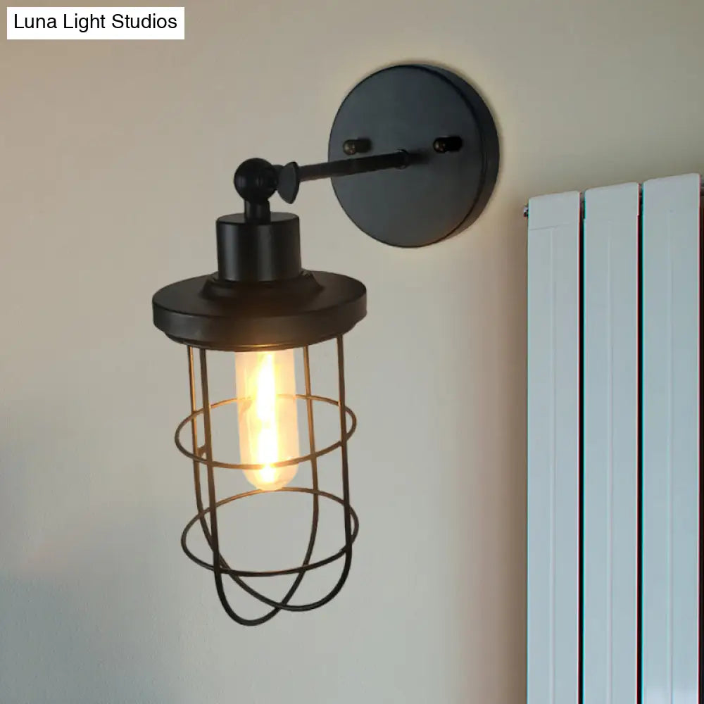 Black Retro Style Cylinder/Oval Caged Wall Mount Light - Metallic Mini Lighting With 1 Head