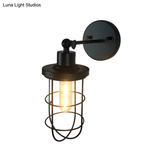 Black Retro Style Cylinder/Oval Caged Wall Mount Light - Metallic Mini Lighting With 1 Head