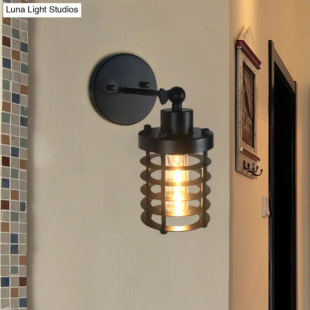 Black Retro Style Cylinder/Oval Caged Wall Mount Light - Metallic Mini Lighting With 1 Head