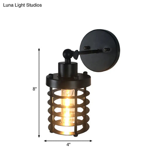 Black Retro Style Cylinder/Oval Caged Wall Mount Light - Metallic Mini Lighting With 1 Head