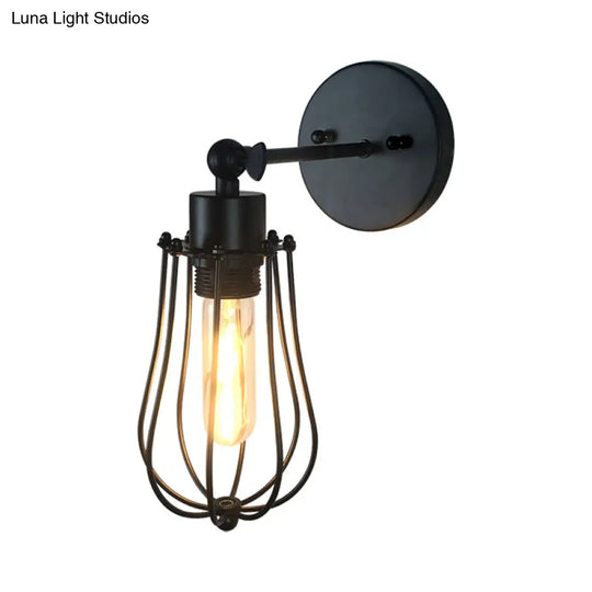 Black Retro Style Cylinder/Oval Caged Wall Mount Light - Metallic Mini Lighting With 1 Head