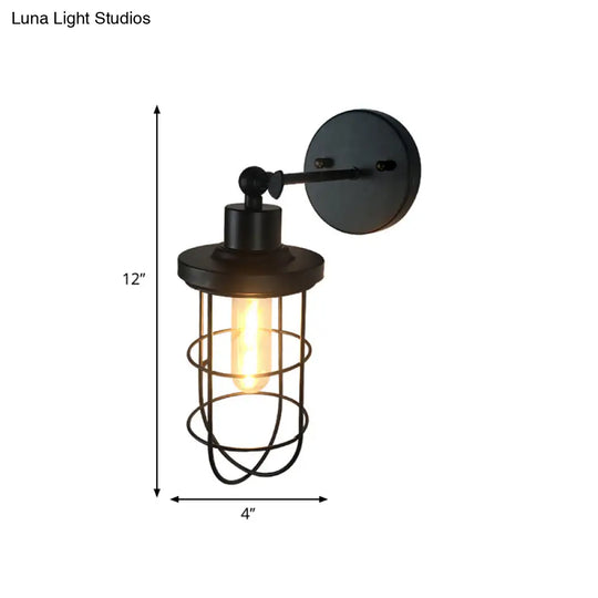 Black Retro Style Cylinder/Oval Caged Wall Mount Light - Metallic Mini Lighting With 1 Head